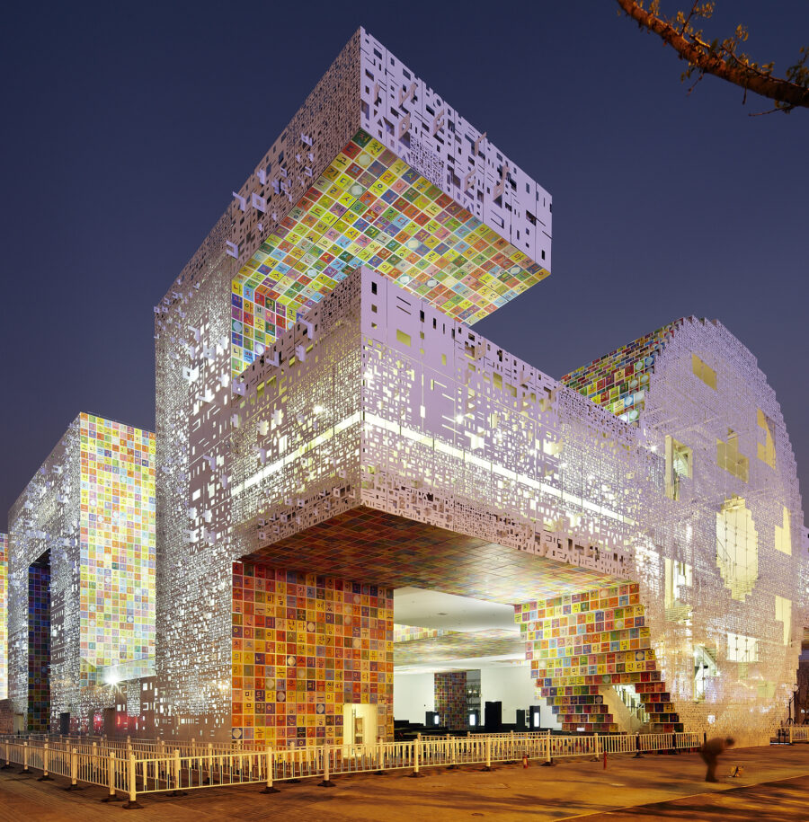 Korean Pavilion, tension facade, metal scrim, pixilated, transparent facade, digitally printed facade